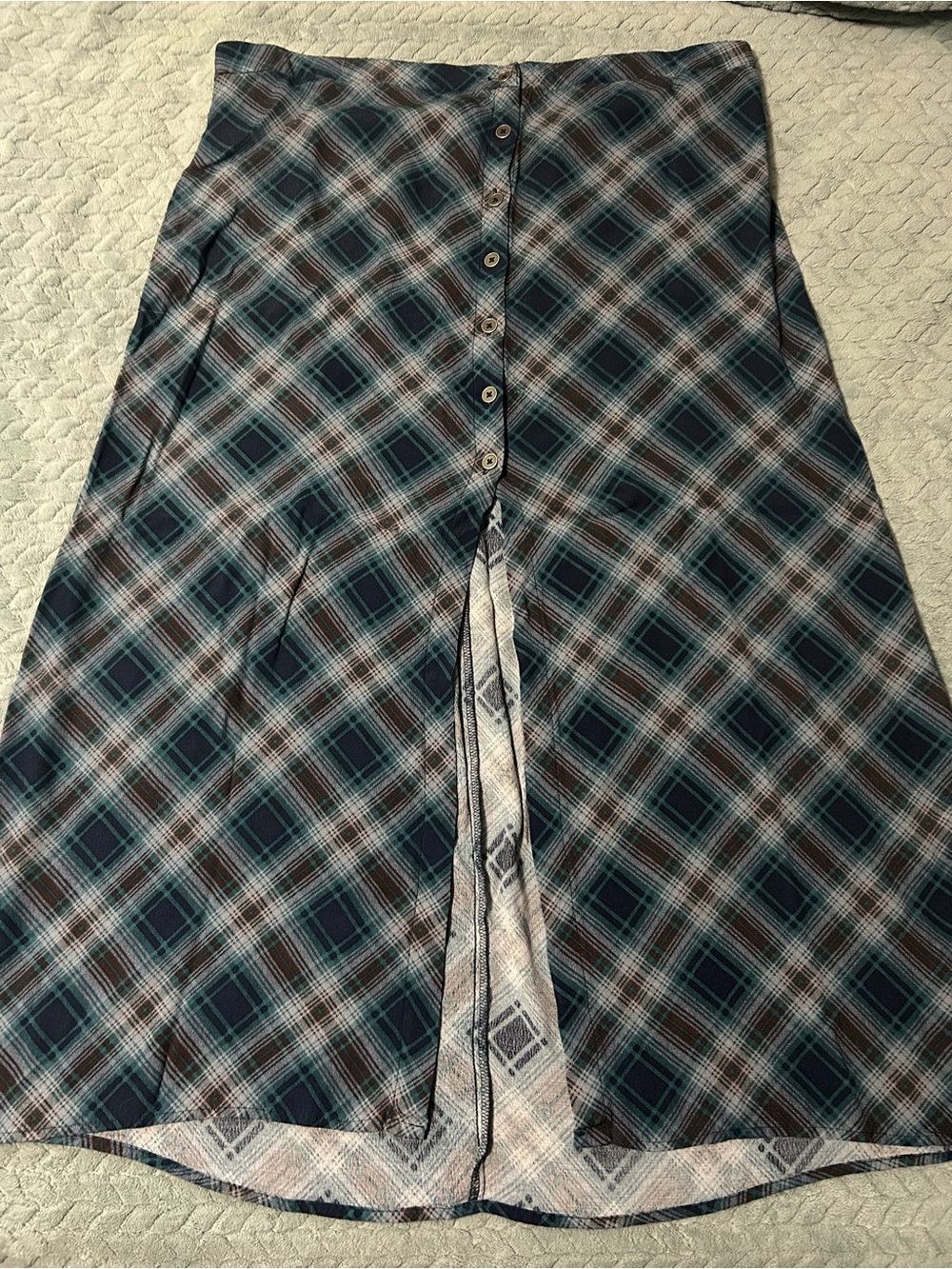 Grey and Blue plaid Skirt midi or maxi Buttons